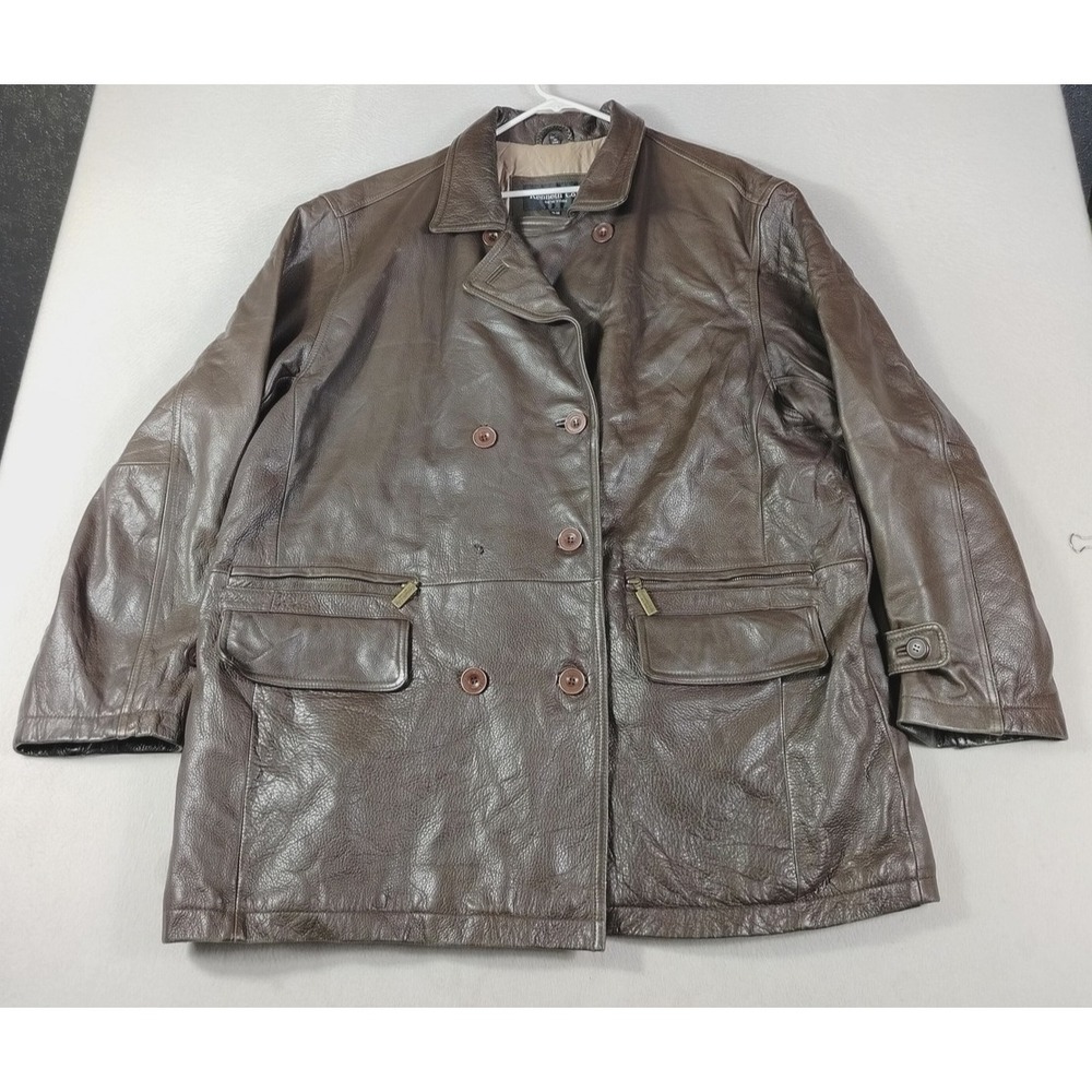 Vintage Kenneth Cole Pea Coat Mens 2XL Brown Leather Mid Length Button Zip